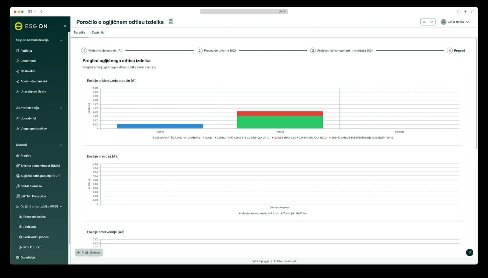 PCF module in the ESG ON platform: overview of the product carbon footprint by LCA phase with a graphical display of emissions by scope