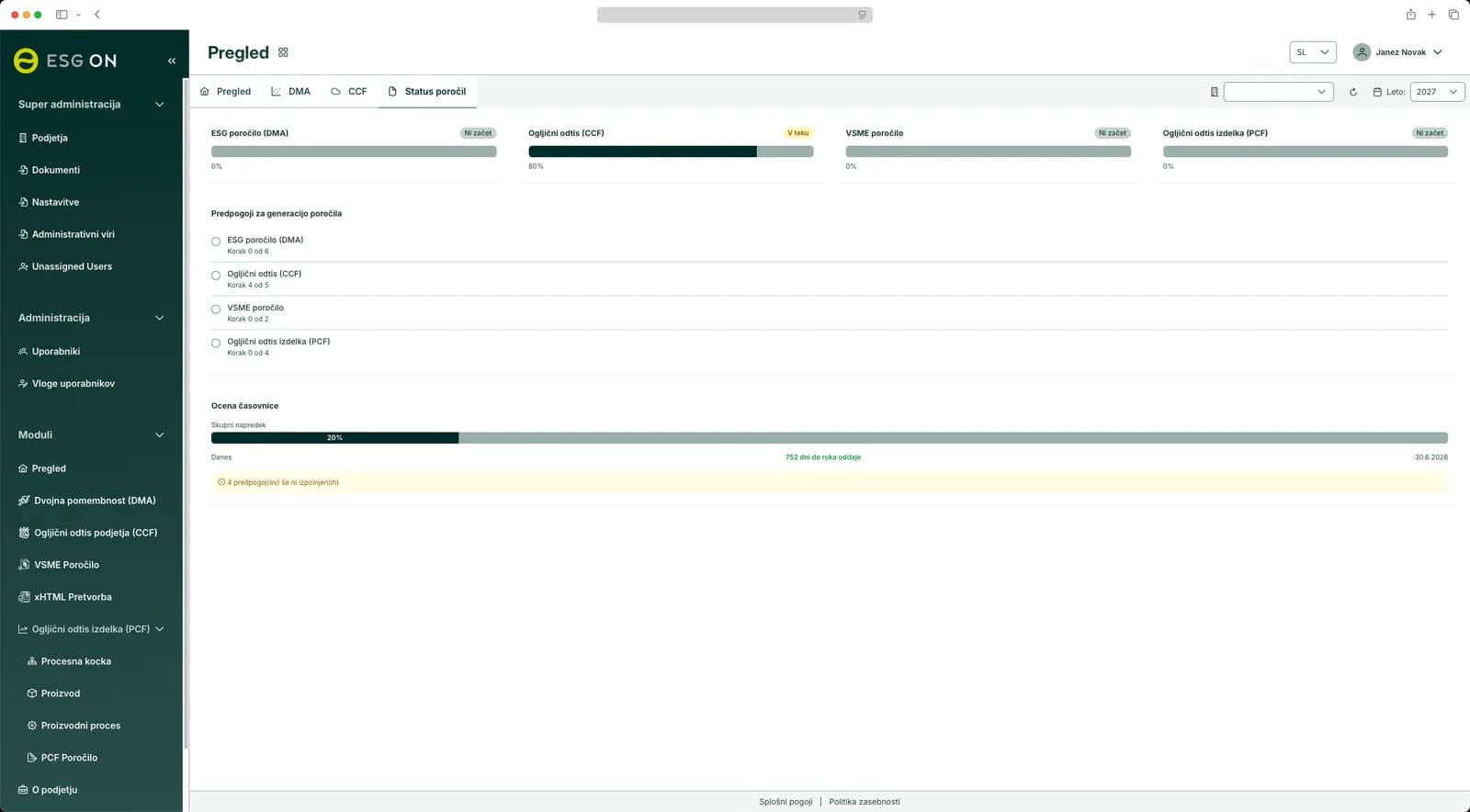 Report status overview in the ESG ON platform