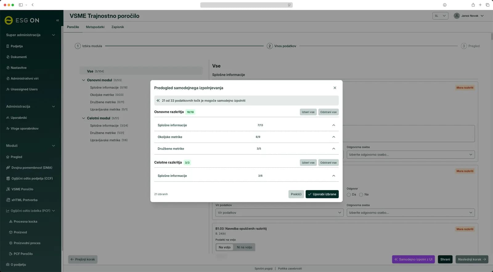 Automated data-point fill suggestions — VSME sustainability report